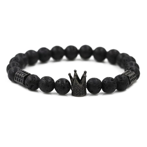 Mattes schwarzes Lavastein Armband mit mikroverzierter CZ Krone für Herren