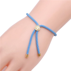 Light blue braided evil eye bracelet with golden tree of life charm and adjustable pull cord