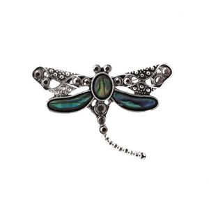 Broche libellule vintage en argent antique avec ailes irisées en nacre d'abalone