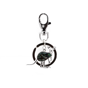 Polished metal kangaroo keychain featuring iridescent abalone shell inlay on white background