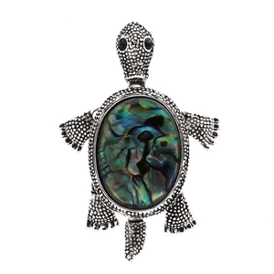 Vintage Alloy Sea Turtle Brooch Pin With Natural Abalone Shell Inlaid Retro Silver Animal Jewelry For Women Men Clothing
