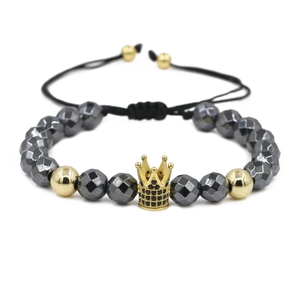 Hematite Beaded Crown Bracelet Micro Inlaid Zirconia Faceted Beads Adjustable Rope Chain Jewelry For Men Women Fashion Gift