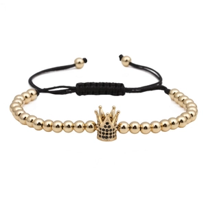 Bracciale regolabile con perline di rame e ciondolo a corona in zircone e cordino nero