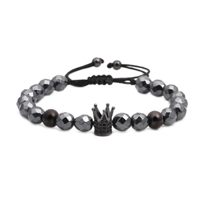 Men's crown magnetic hematite beaded bracelet with faceted black stones and cubic zirconia