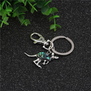 Detail of silver kangaroo keychain featuring iridescent abalone shell on black sand