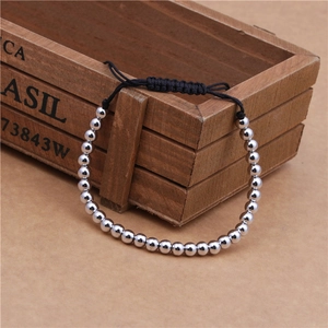 Silver bead braided bracelet with 4mm metal beads and adjustable black cord strap