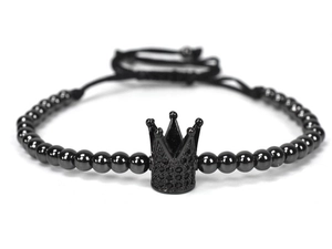 Bracciale intrecciato con perle di rame da 4mm e ciondolo a corona in zircone nero regolabile