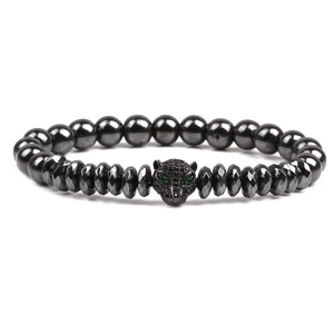 Leopard Head Beaded Bracelet Hematite Zircon Men Women Animal Charm Elastic Hand String Hip Hop Jewelry Gift