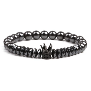 Handmade black hematite beaded bracelet featuring a micro-paved zircon crown for men