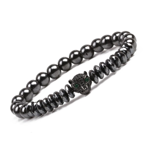 Men's hematite beaded bracelet featuring a micro-pasted black leopard head with green eyes
