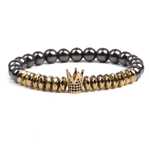 Men's hematite beaded bracelet with gold crown charm and micro-inlaid cubic zirconia