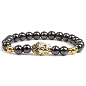 Pulsera de hematita magnética para hombre con cabeza de Buda dorada y circonitas incrustadas