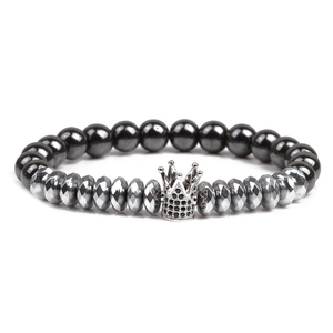 Handmade hematite beaded bracelet with a silver crown charm and zircon inlay for men