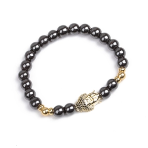 Pulsera para hombre de hematita magnética con cabeza de Buda dorada y circonitas micro
