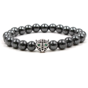 Men's hematite bead bracelet featuring a silver leopard head with green zircon eyes