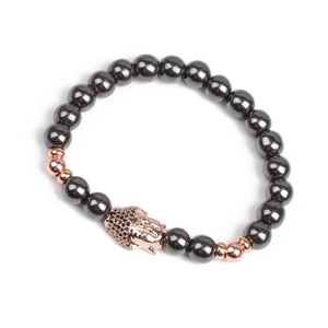Pulsera de hematita magnética para hombre con cabeza de Buda oro rosa y circonitas negras