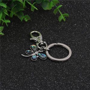 Detail of butterfly keychain featuring colorful abalone shell inlay and crystal accents