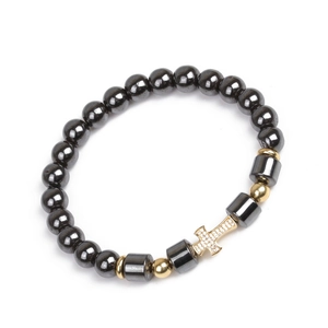8mm magnetic hematite beaded elastic bracelet featuring a sparkling golden cross pendant
