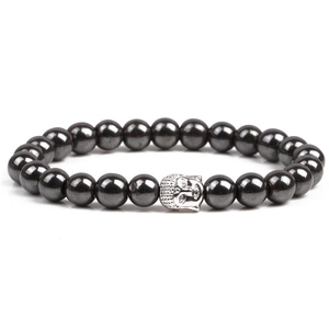 Men's magnetic black stone bead bracelet with silver Buddha head and elastic cord