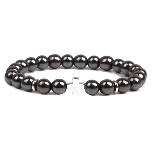 8mm dark grey metallic beads bracelet with silver cross accent on white background