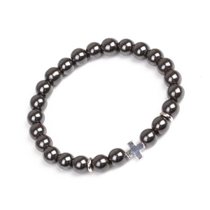 8mm magnetic hematite beaded bracelet with silver cross pendant on a white background
