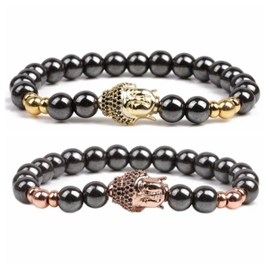 Pulsera de Cuentas de Hematita Magnética para Hombre Cabeza de Buda de Cobre con Microcirconita Étnica Religiosa Elástica Regalo