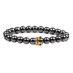 Polished magnetic hematite bead bracelet for men with gold crown and micro zircon inlay