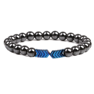 Magnetic hematite bead bracelet with blue metallic chevron V-shaped charms for men