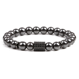 Men's magnetic hematite beaded bracelet with black zircon rectangular charm accent