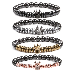 Men Hematite Stone Beaded Bracelet With Copper Zirconia Crown Charm Elastic Band Fashion Jewelry Gift For Men Women