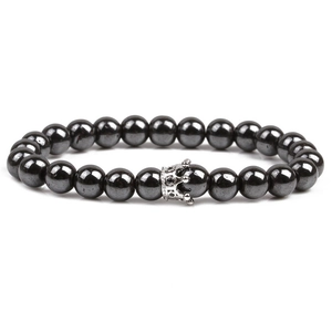 Polished magnetic hematite beaded bracelet for men featuring a micro-set zircon crown