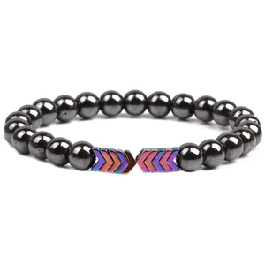 Magnetic hematite beaded bracelet with colorful V-shaped arrow accents on white background