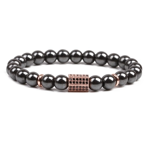Men's magnetic hematite beaded bracelet with rose gold plated zircon centerpiece