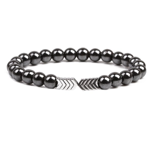 Magnetic hematite bead bracelet for men featuring silver V-shaped arrow metal spacers