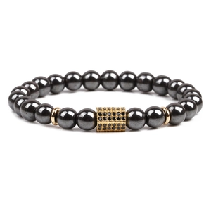 Men's magnetic hematite beaded bracelet with gold cylinder and black micro-inlaid stones