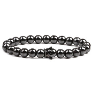 Magnetic Hematite Beaded Bracelet With Copper Crown Micro Inlaid Zirconia Stone Elastic Stretch Unisex Jewelry Gift