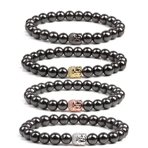 Magnetic Hematite Buddha Head Beaded Bracelet Elastic Spiritual Ethnic Retro Unisex Jewelry For Yoga Meditation Daily Wear