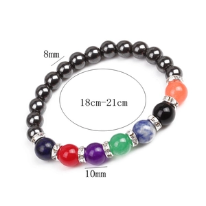 Detail view of 8mm hematite beads and 10mm colorful chakra stones with silver spacers