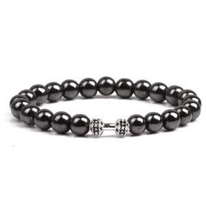 Hämatit-Perlenarmband für Herren mit mikro-eingelegtem Zirkonia-Hantel-Anhänger