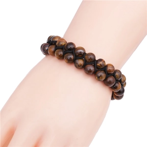 Double-layered 8mm tiger eye stone beaded bracelet with black hand-woven cord