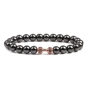 Herrenarmband aus Hämatit-Perlen mit roségoldener Hantel und Mikro-Zirkonia-Besatz