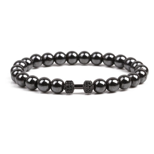 Hämatit Perlenarmband für Herren mit Hantel-Anhänger und schwarzen Zirkonia Steinen