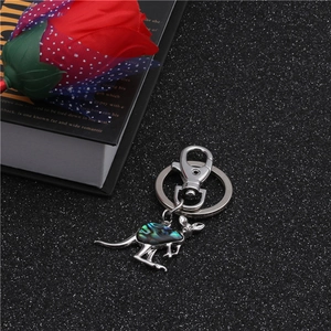 Detail of kangaroo keychain pendant featuring silver metal and iridescent abalone shell inlay