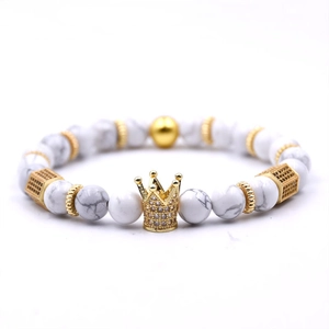 Bracelet en perles de pierre empereur blanche 8mm avec couronne en zircon doré et entretoises