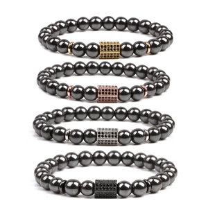 Magnetic Hematite Beaded Bracelet For Men Handmade Copper Zirconia Inlaid Geometric Pillar Fashion Jewelry Bracelet Gift