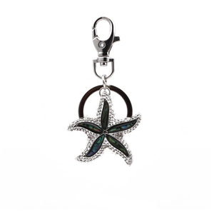Detailed macro view of silver starfish keychain with iridescent abalone shell inlay