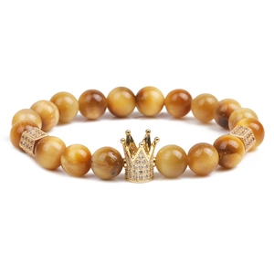 Bracelet couronne dorée avec perles œil de tigre jaune et éléments en zircone