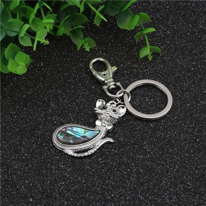 Detail view of cat keychain with sparkling crystals and colorful abalone shell inlay