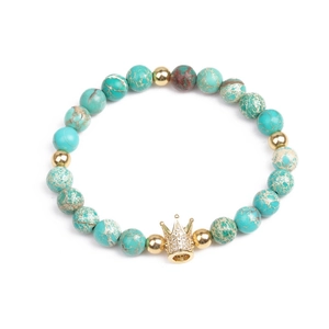 Imperial stone bead bracelet with a gold crown pendant and crystals for men and women