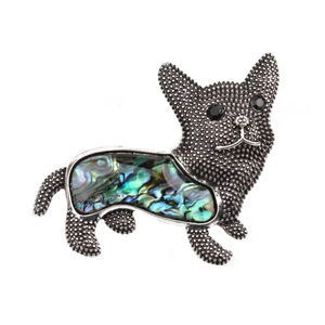 Vintage Abalone Shell Dog Brooch Alloy Silver Plated Corgi French Bulldog Animal Lapel Pin For Women Fashion Jewelry Accessory